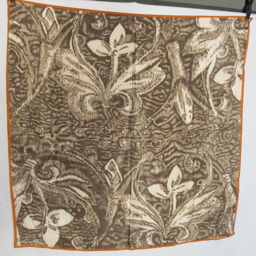 Anne Klein silk square scarf with taupe abstract floral pattern